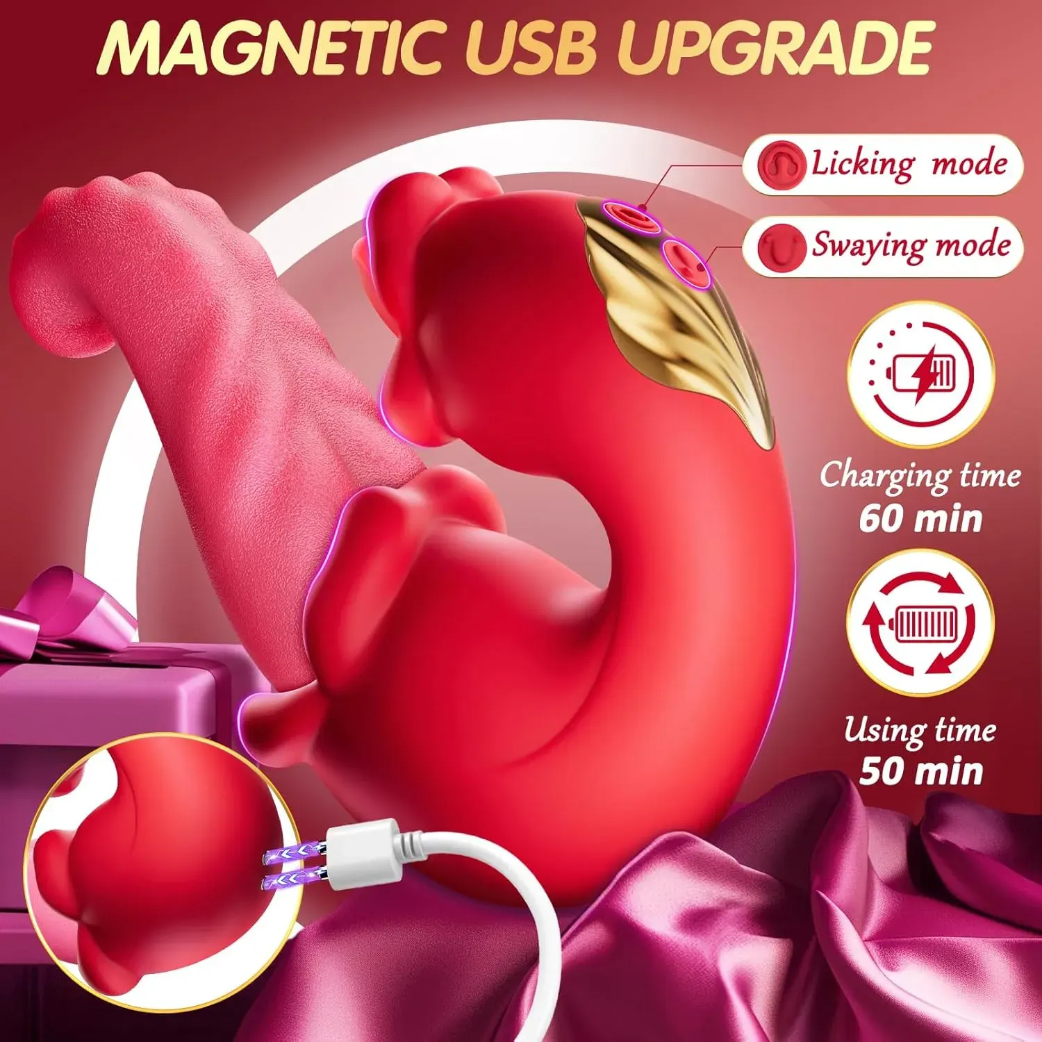 ZazaVibe™ Scarlett – 4-in-1 Tongue Thrusting Rose Vibrator, 10 Licking Modes Clitoral Suction & Vibration Sex Toy for Women, image 5